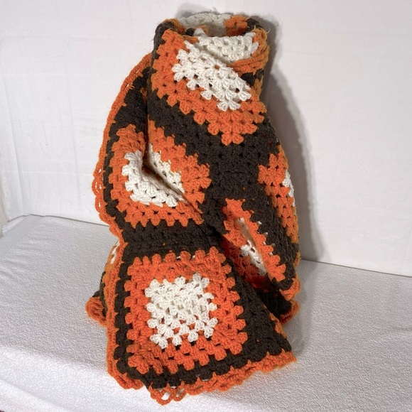 Vintage Handmade Orange Brown White Large Granny Square Crochet Blanket Afghan - Picture 1 of 14